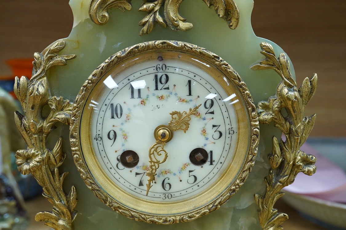 A Louis XV style onyx mantel timepiece, with key, 40cm high